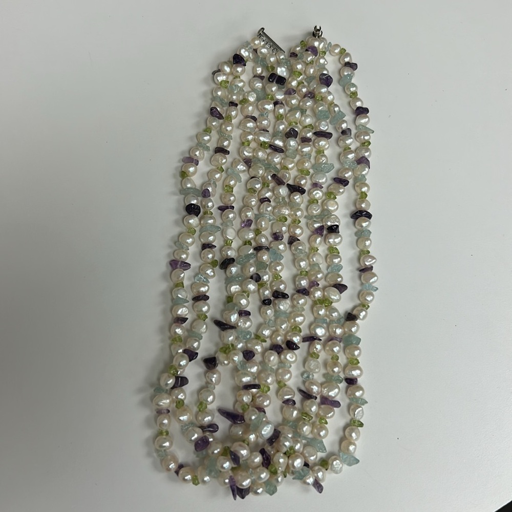 Multi-Strand Freshwater Pearl Necklace with Amethyst and Aquamarine Accents
